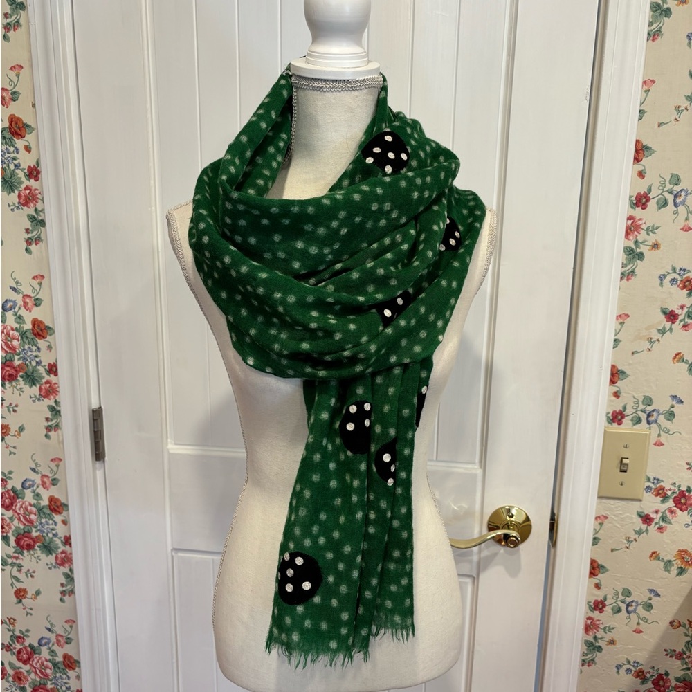 💚 Wool Silk Blend Green Polka Dot Scarf 68” x 26” 🍀 Amet & Ladoue